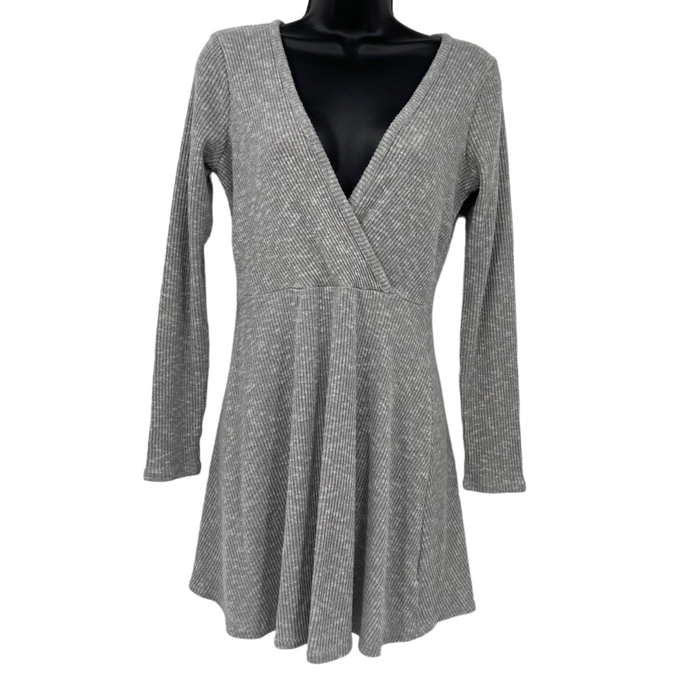 Urban Outfitters Skater Dress Womens Small Gray Ribbed Long Sleeve V-Neck Mini